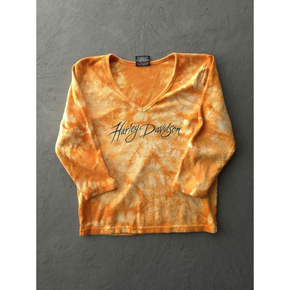 Vintage 2000s Harley-Davidson Y2K Orange Tie-Dye V-neck T-shirt USA Made XL
